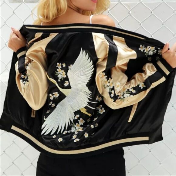 Hand Stitched Embroidered Floral Paper Crane Bomber Jacket - Picture 1 of 14
